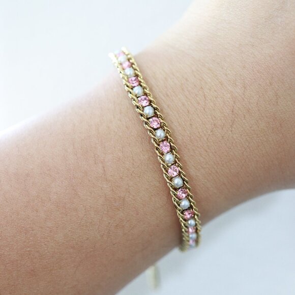 Pearl/Pink CZ Diamond Cuban Chain Tennis Bracelet 18k Gold Plated Stainless Stee - Picture 1 of 4